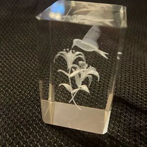Glass block with 3D hummingbird and Lillie’s etched inside.